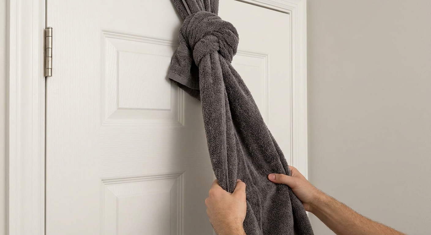 A bath towel threaded through the top of a closed door on the hinge side, tied in a knot to create a safe anchor for towel rows