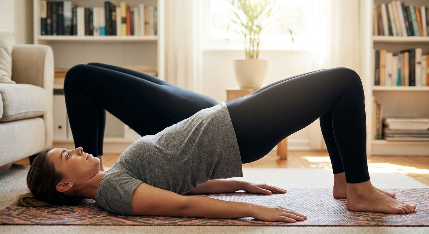 A beginner doing a glute bridge on a living room mat, knees bent and hips raised, shoulders on the floor with a neutral spine and ribs down