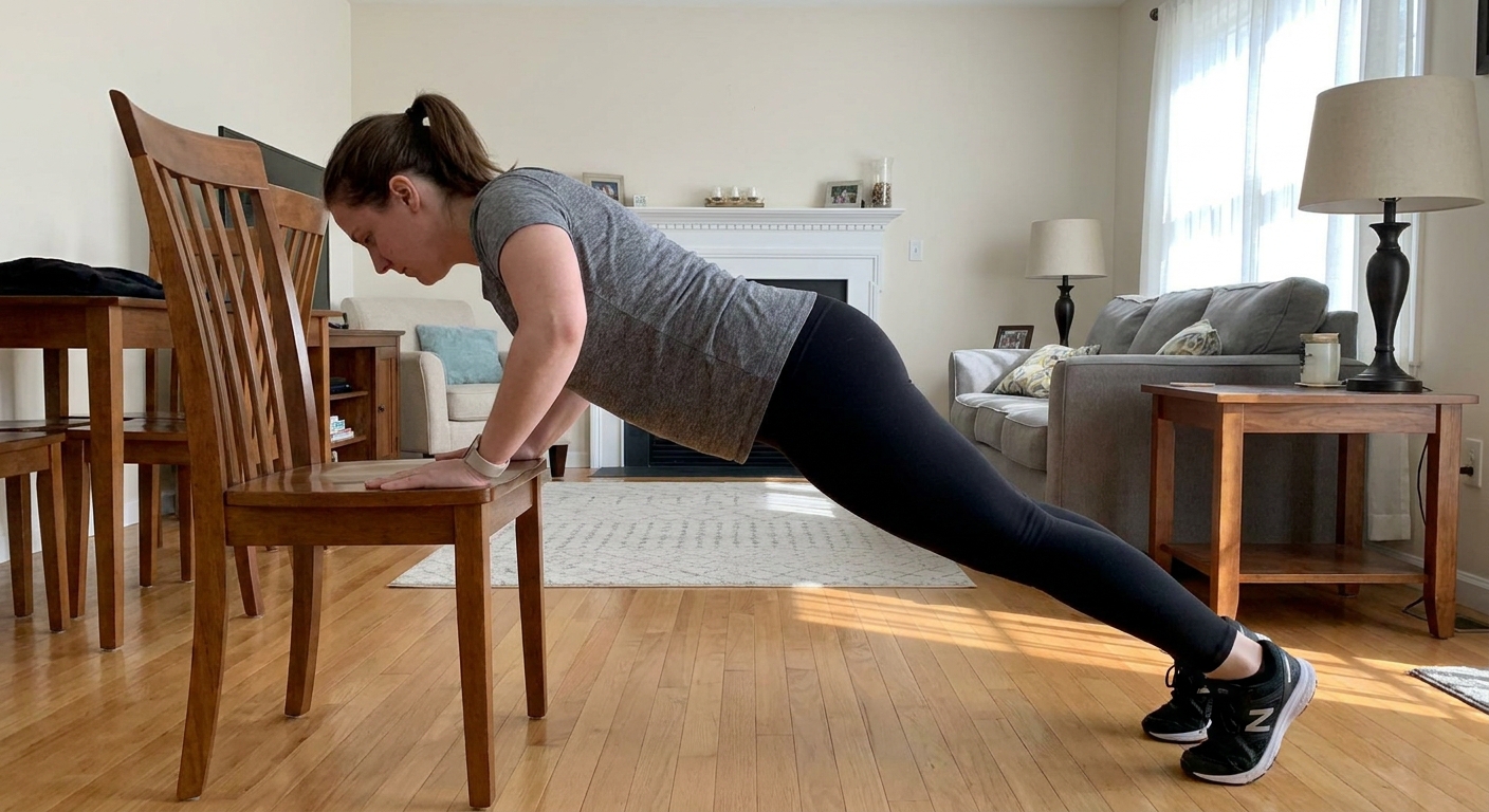 A beginner doing incline push-ups with hands on a sturdy chair, body in a straight line