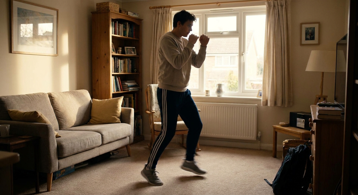 A beginner doing light shadow boxing in a living room with feet moving quickly and hands up in a relaxed guard