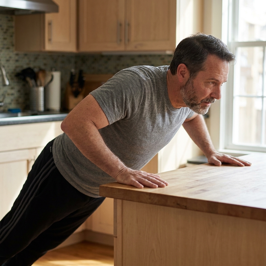 A beginner performing an incline push-up with hands on a kitchen counter, keeping the body in a straight line