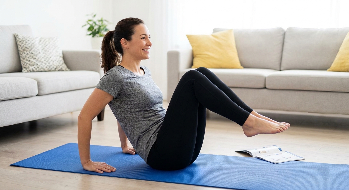 A beginner seated on a mat doing knee tucks with hands behind for support, keeping the chest lifted while the knees draw toward the chest with controlled movement