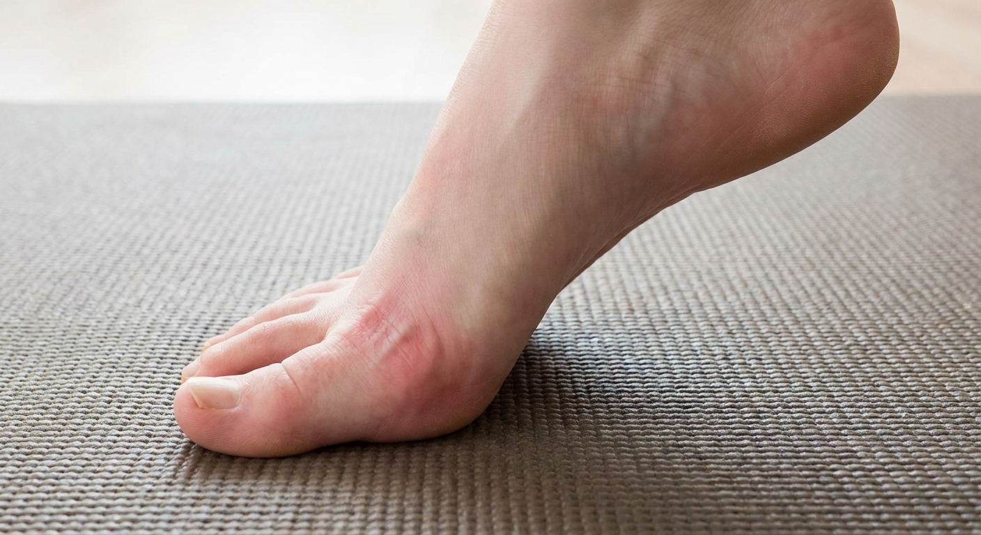 A close-up of the ball of the foot showing pressure through the base of the big toe and second toe while the heel is lifted, illustrating even contact during a heel raise