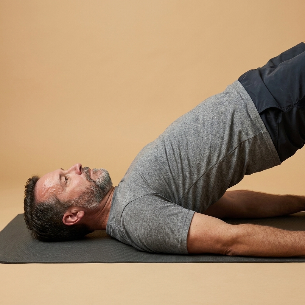 A close-up side view of the top of a glute bridge, showing hips lifted with ribs down and a neutral neck on a floor mat