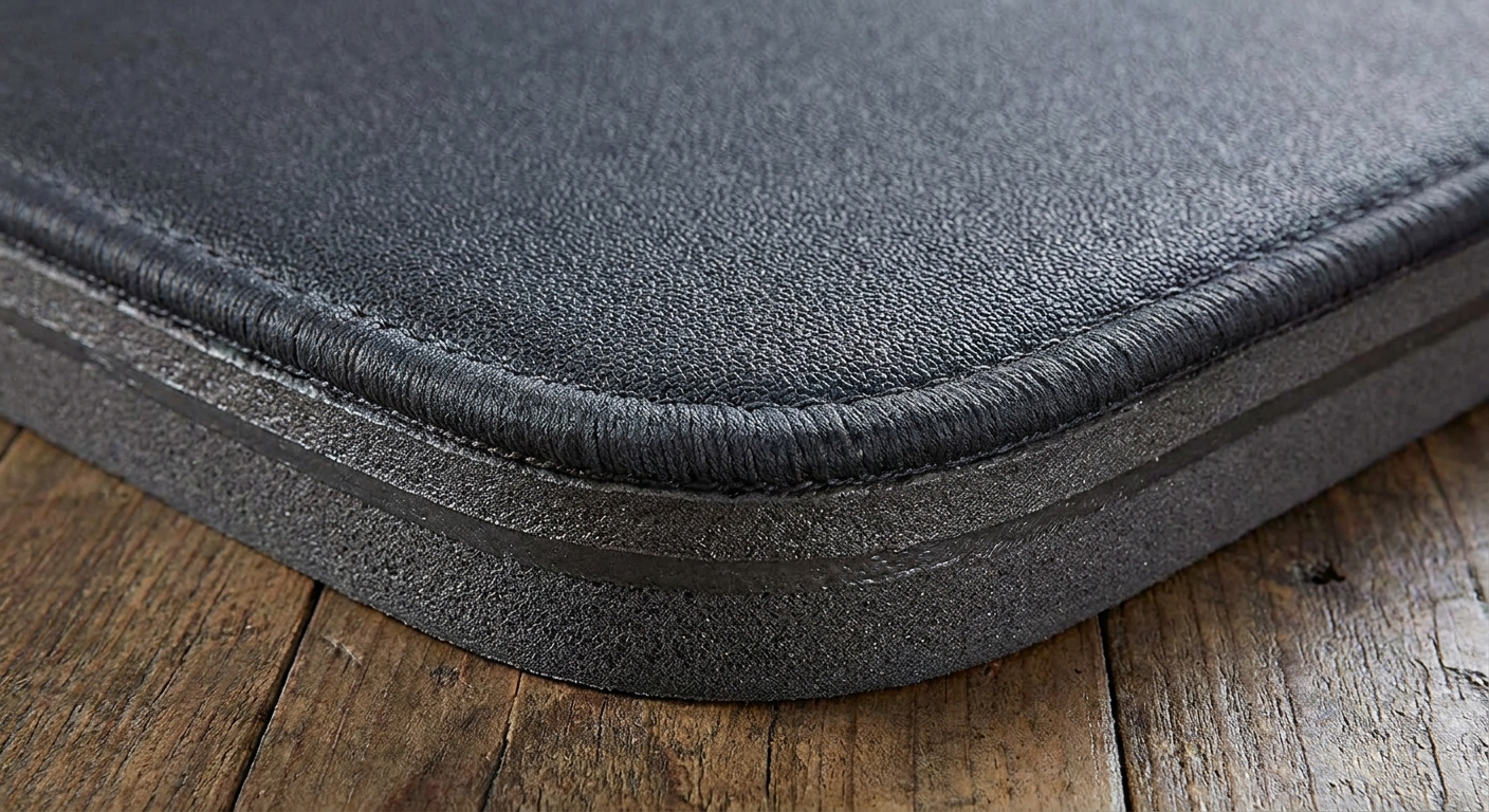 A close view of a thick exercise mat corner, showing cushioning and edge thickness for floor comfort