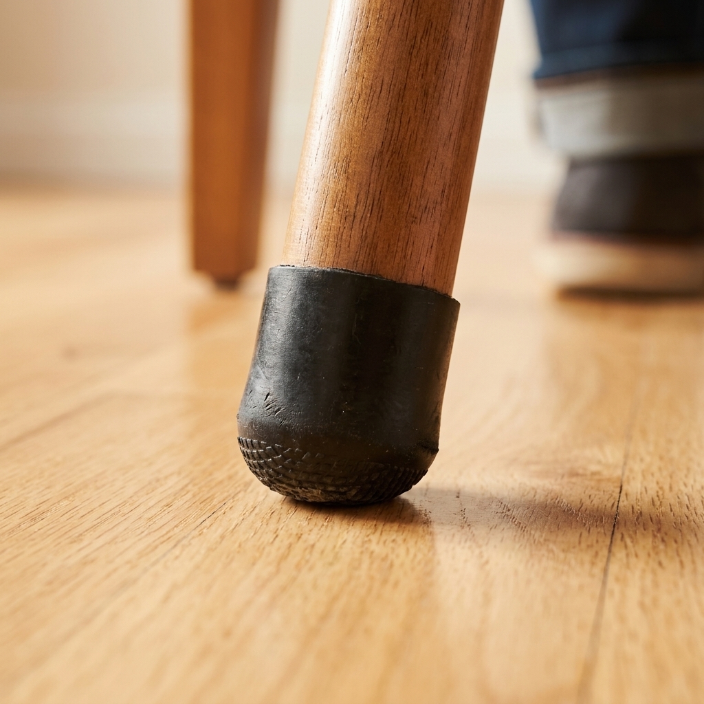 A close view of rubber chair leg tips on the floor, showing a stable, non-slip contact point for balance support
