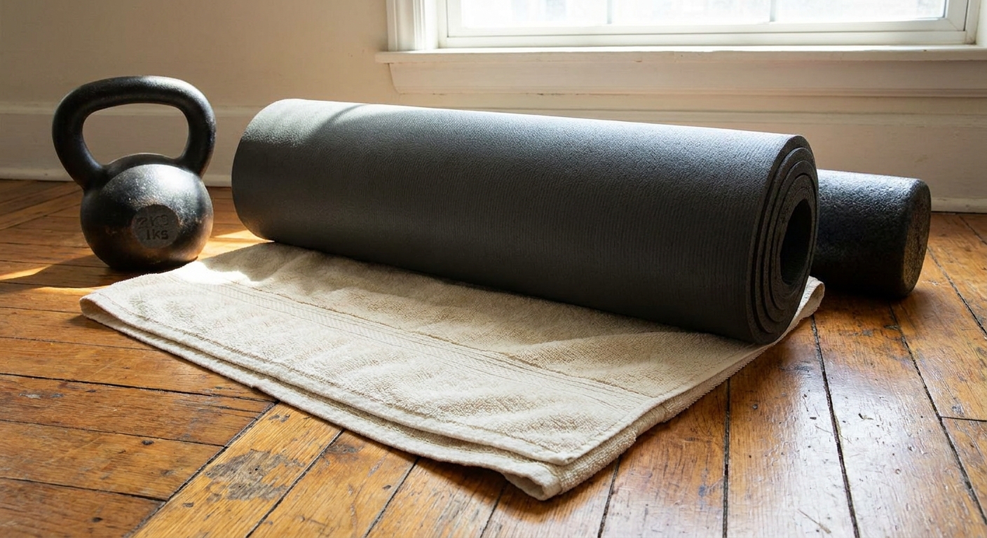 A folded bath towel layered under a yoga mat on a hardwood floor to reduce vibration during exercise