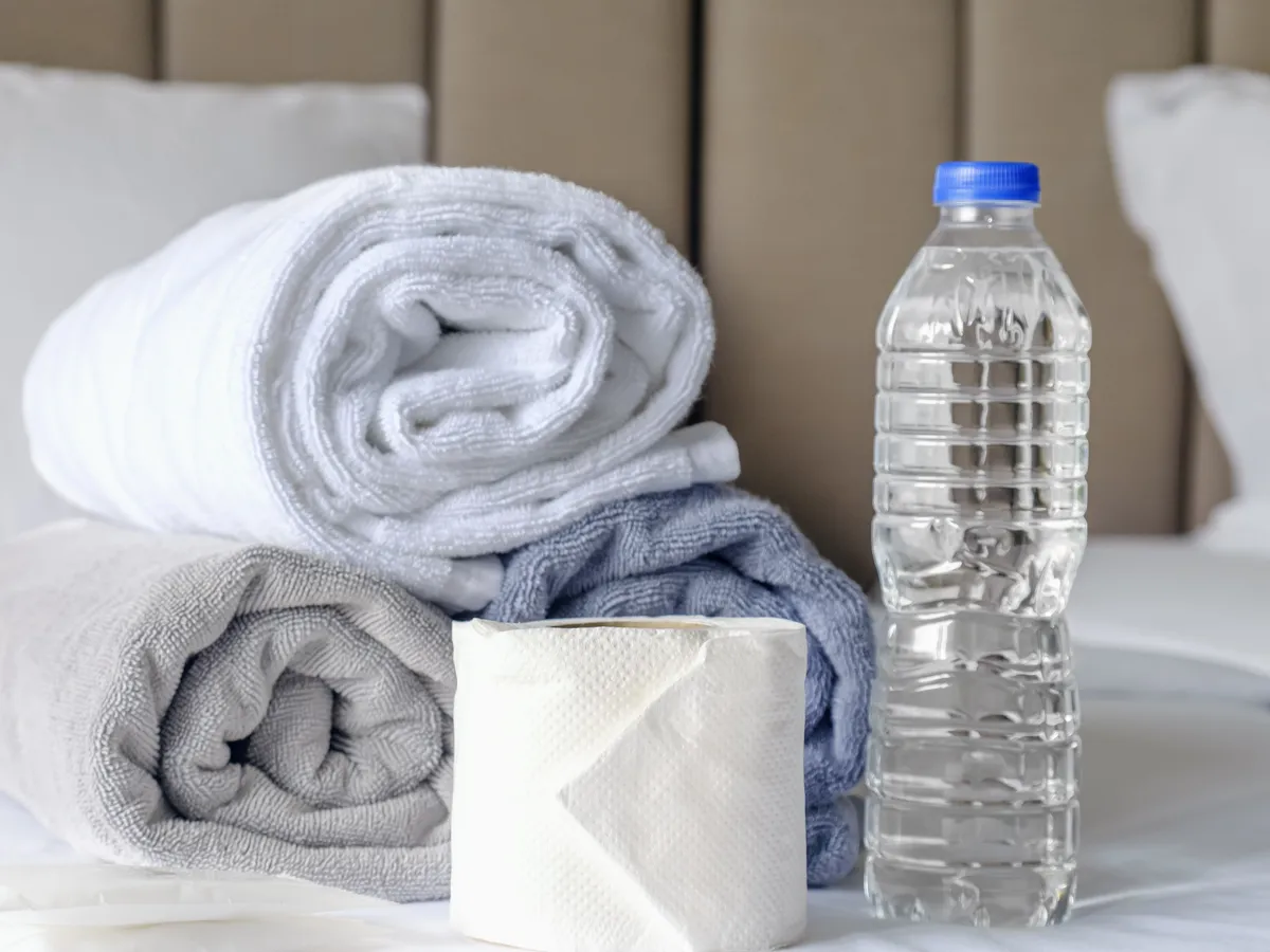 A folded workout towel and a water bottle placed next to an exercise mat after a home cardio session