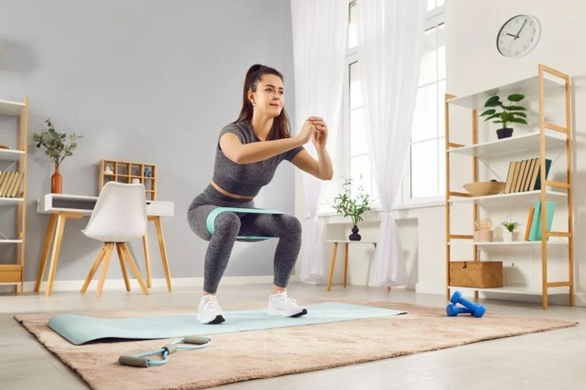 A loop resistance band and a yoga mat laid out on a living room floor, ready for a short home workout