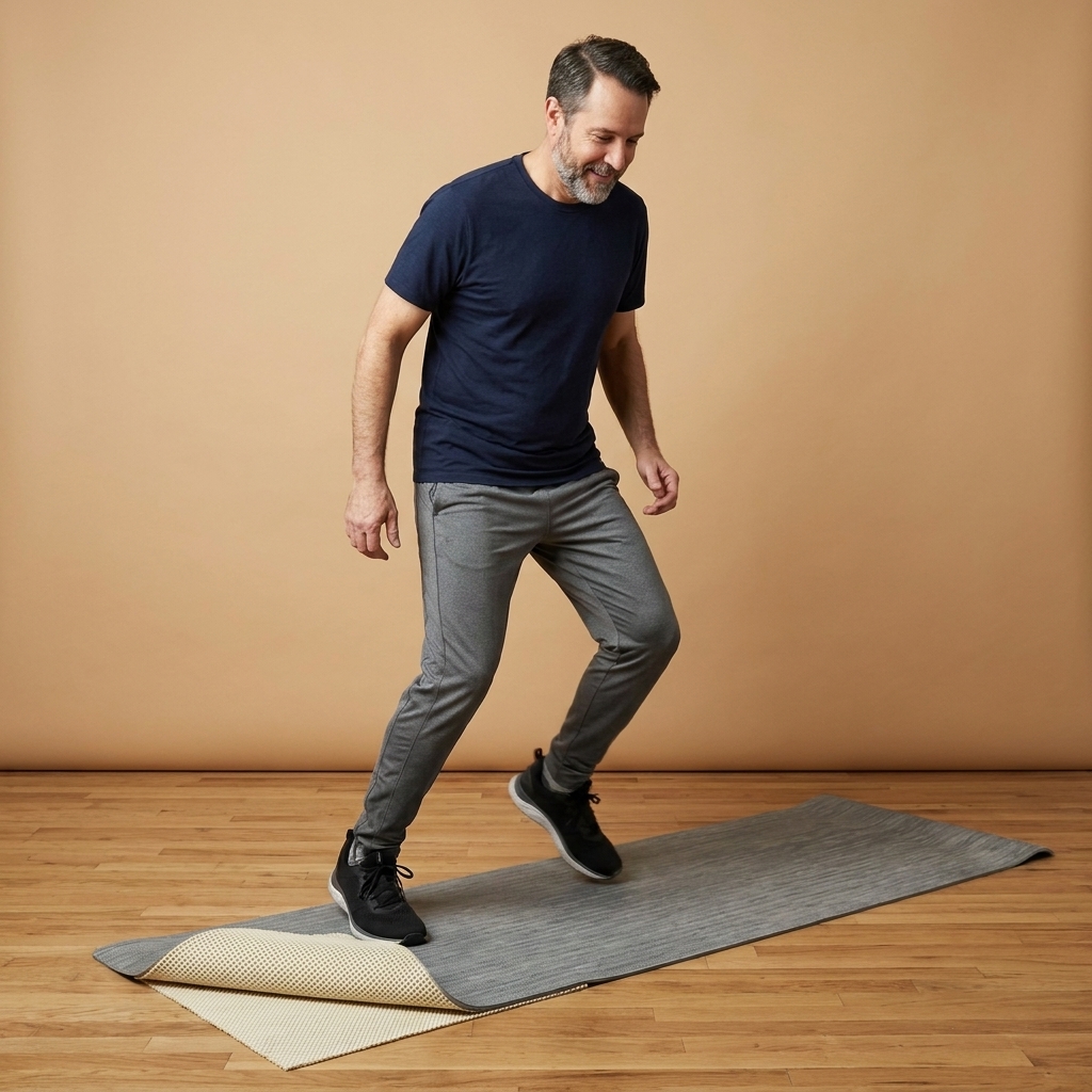 A non-slip rug pad under a mat to reduce sliding during quick footwork