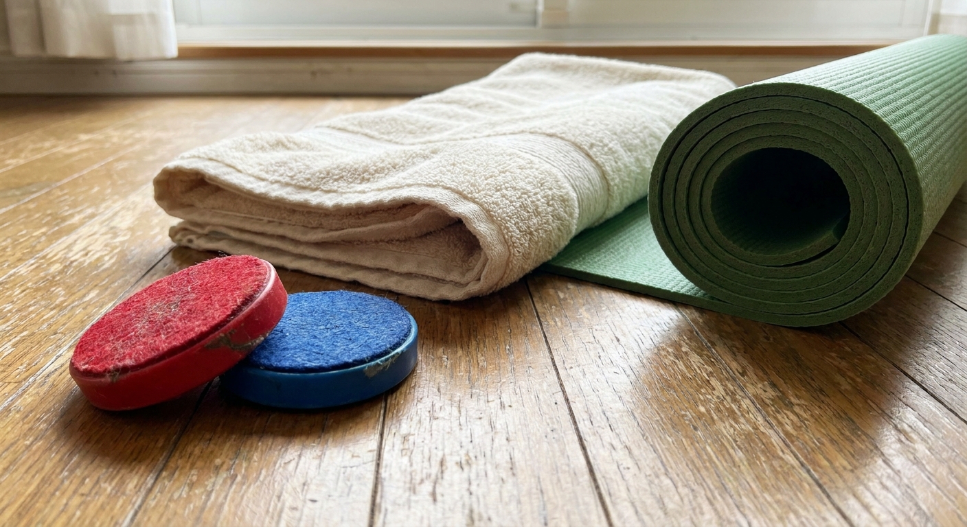 A pair of small furniture sliders next to a folded towel and a yoga mat, showing simple items used for sliding exercises