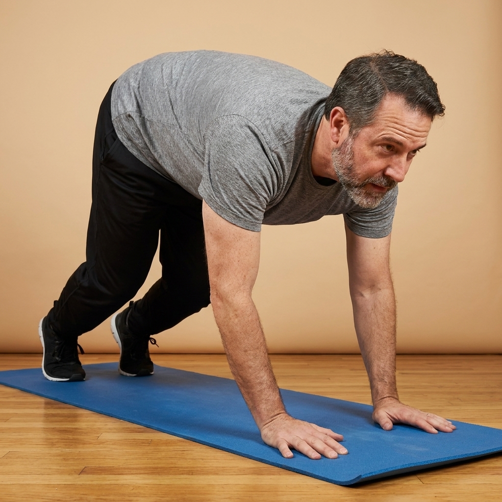 A person demonstrating an inchworm walkout from standing to a high plank position on a mat