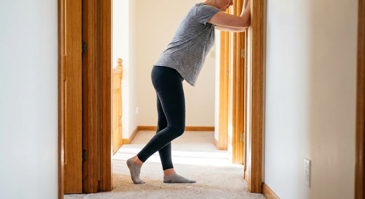 A person doing a doorway chest stretch with forearms on the door frame and a small step forward
