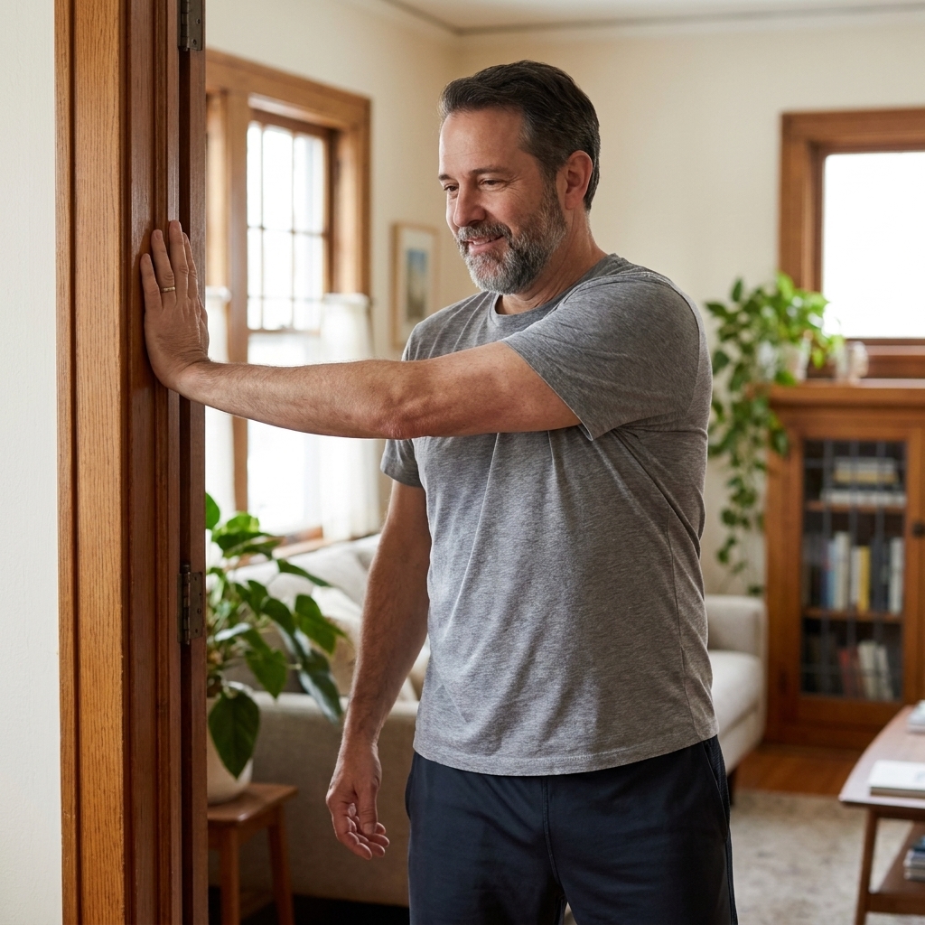 A person doing a gentle chest stretch using a doorway at home, standing tall with one arm on the door frame