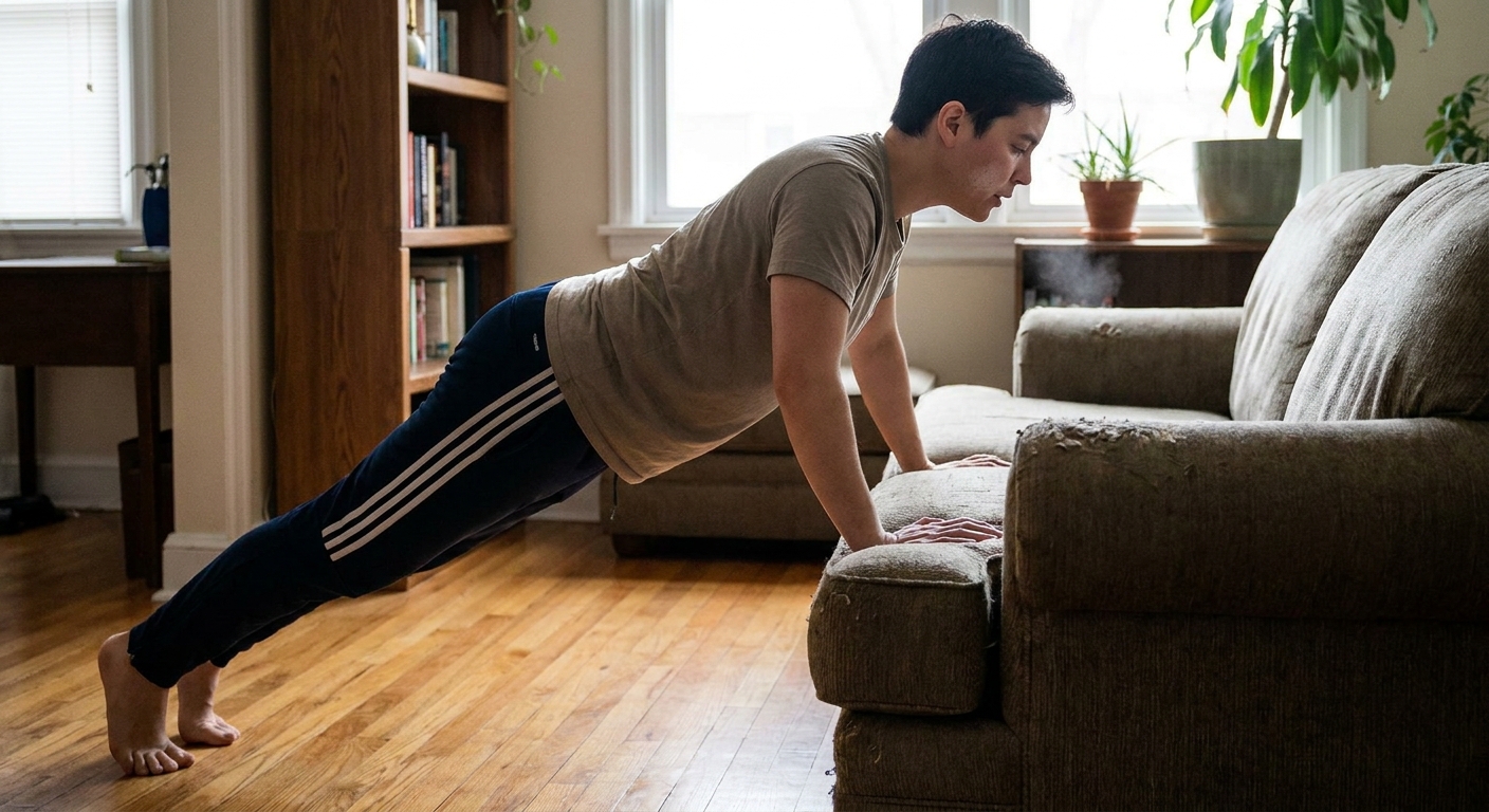 A person doing an incline push-up against a sturdy couch with a relaxed neck and steady breathing in a living room