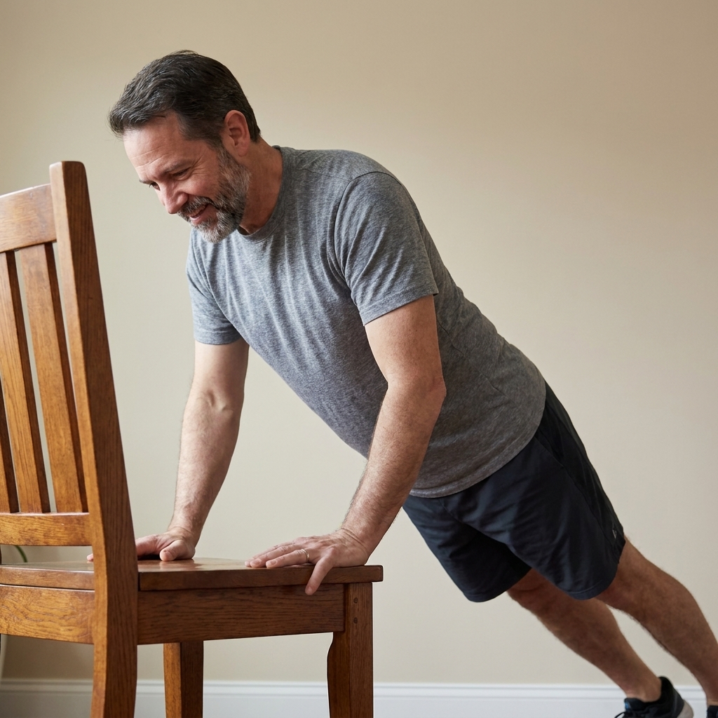A person doing an incline pushup with hands on a sturdy chair, body straight and core braced