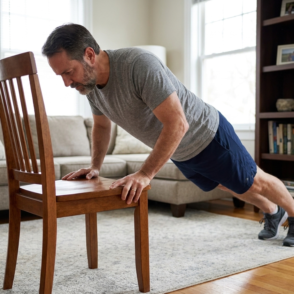 A person doing incline push-ups with hands on a sturdy chair in a home living room, body in a straight line