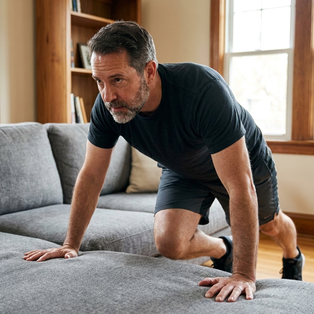 A person doing mountain climbers with hands braced on a couch in a living room, focusing on stable shoulders and core