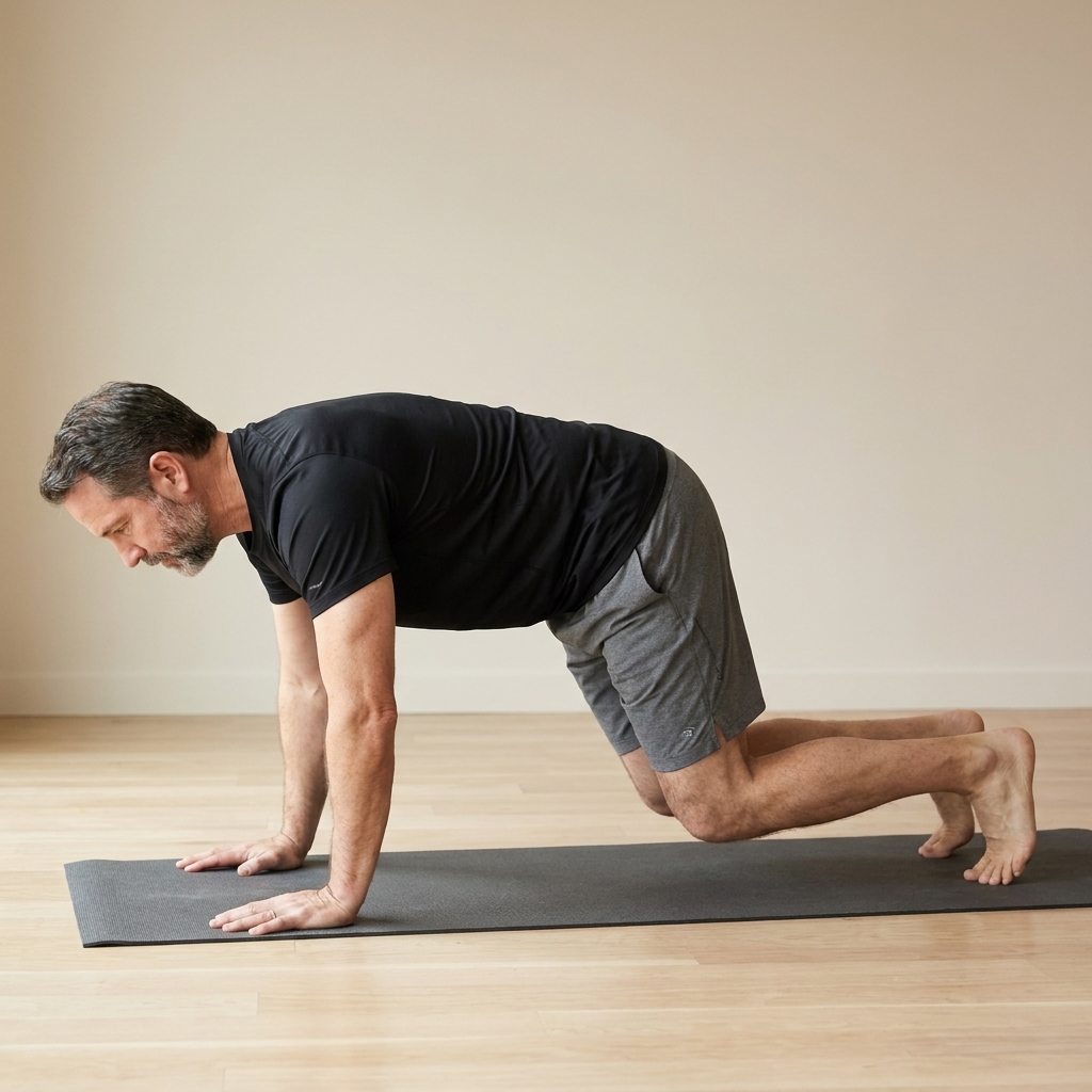 A person holding a bear plank on a mat with knees hovering a few inches above the floor, back flat, shoulders stacked over hands, and eyes looking down