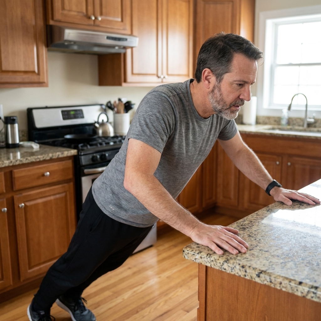 A person holding an incline plank with hands on a kitchen counter, body in a straight line from shoulders to heels