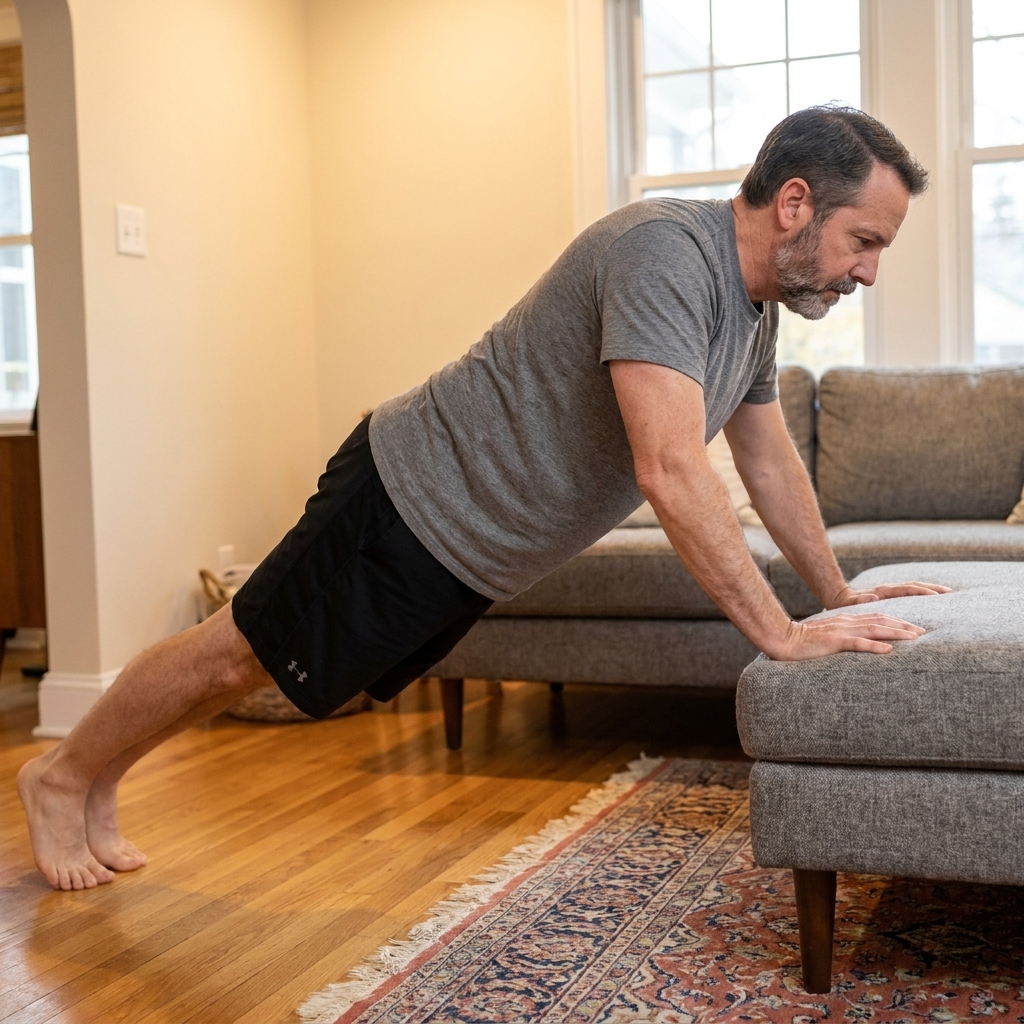 A person holding an incline plank with hands on the edge of a couch, body straight and heels lifted