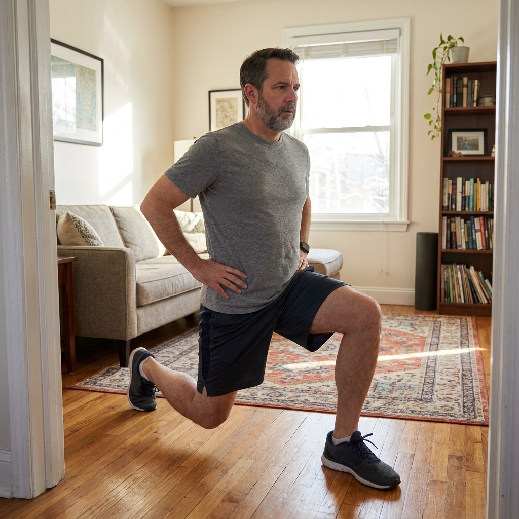 A person in a small living room performing a reverse lunge with the front knee stacked over the ankle, torso upright, and hands on hips for balance