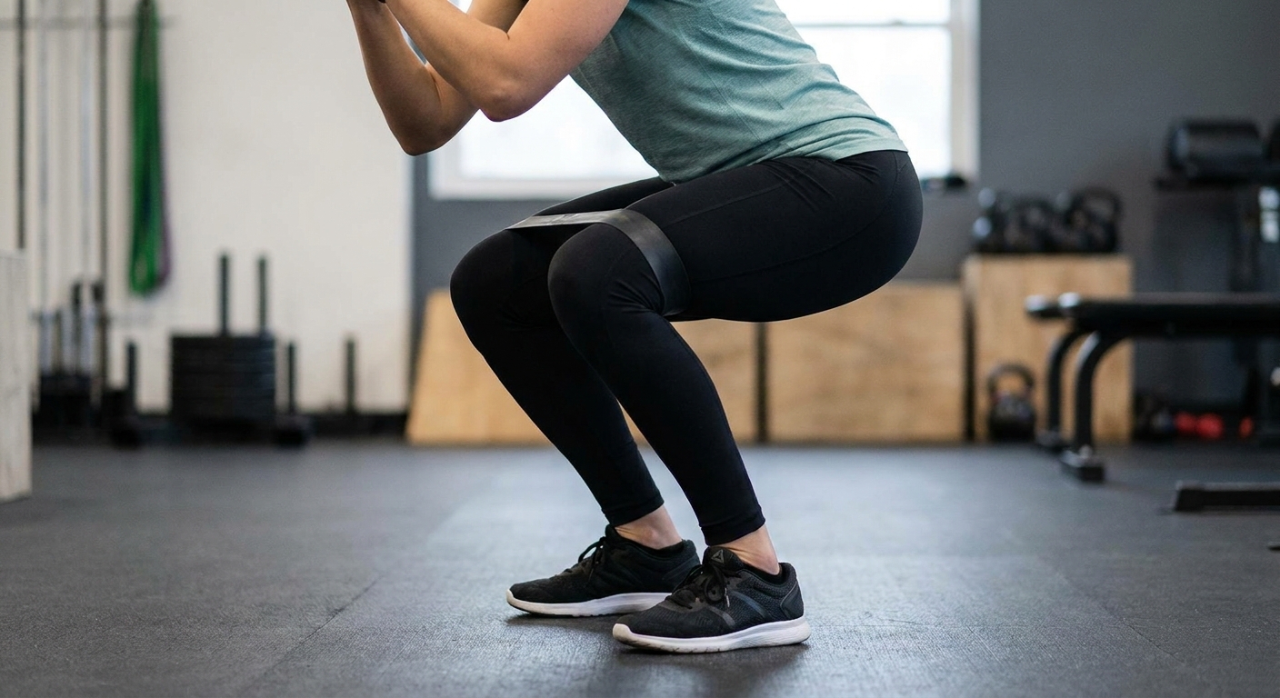 A person in a squat with knees aligned over toes, showing stable knee position without collapsing inward