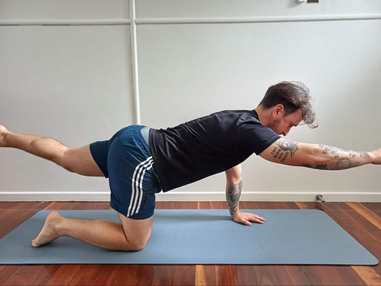A person in a tabletop position performing a bird dog, extending one leg back and the opposite arm forward while keeping hips square and spine steady
