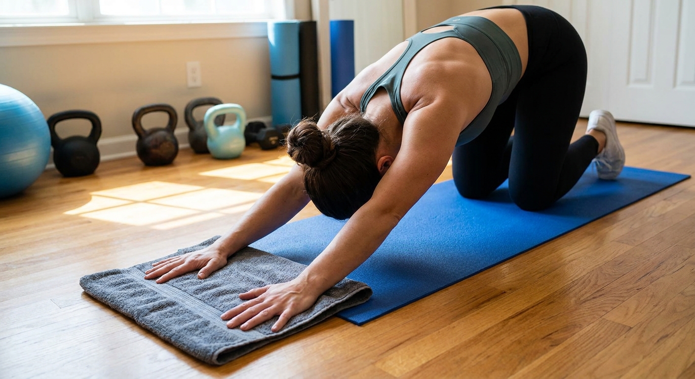 A person kneeling on a yoga mat with both hands on a towel, dragging the towel back toward their knees in a controlled lat-focused slide