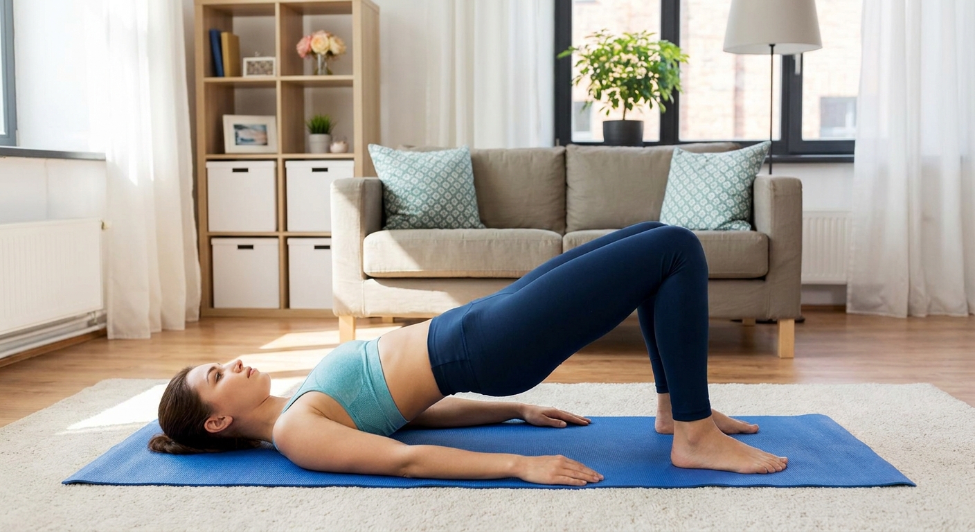 A person lying on a yoga mat performing a glute bridge with knees bent and hips lifted, keeping ribs down and hips level