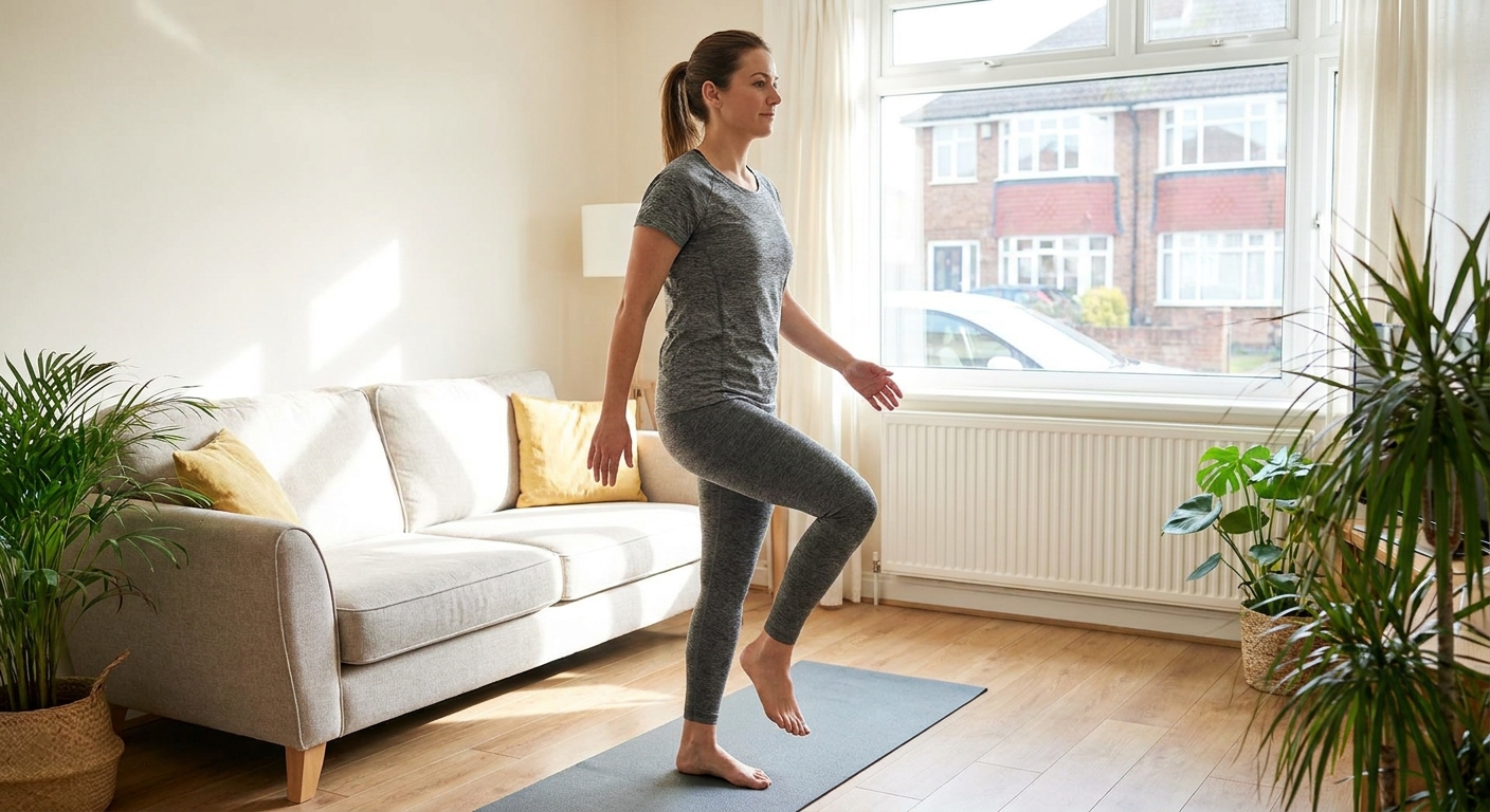A person marching in place in a living room with relaxed arms and upright posture, warming up for a workout