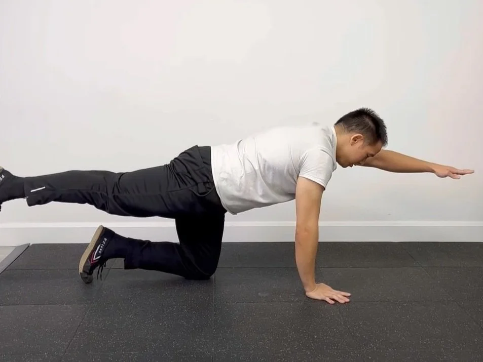 A person on hands and knees on a mat extending one arm forward and the opposite leg back, hips level, ribs stacked, and spine neutral