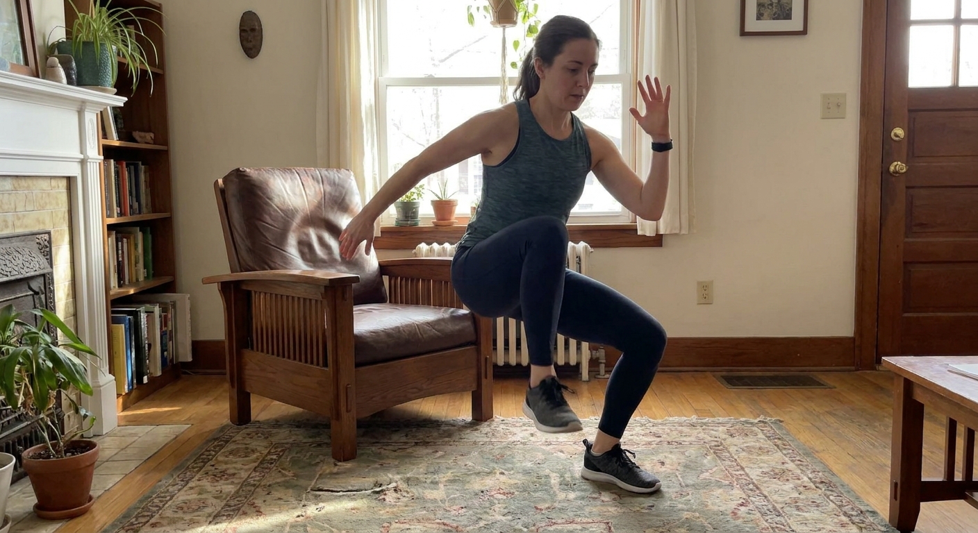 A person performing a chair squat in a living room with a sturdy chair behind them, transitioning into a controlled alternating knee drive