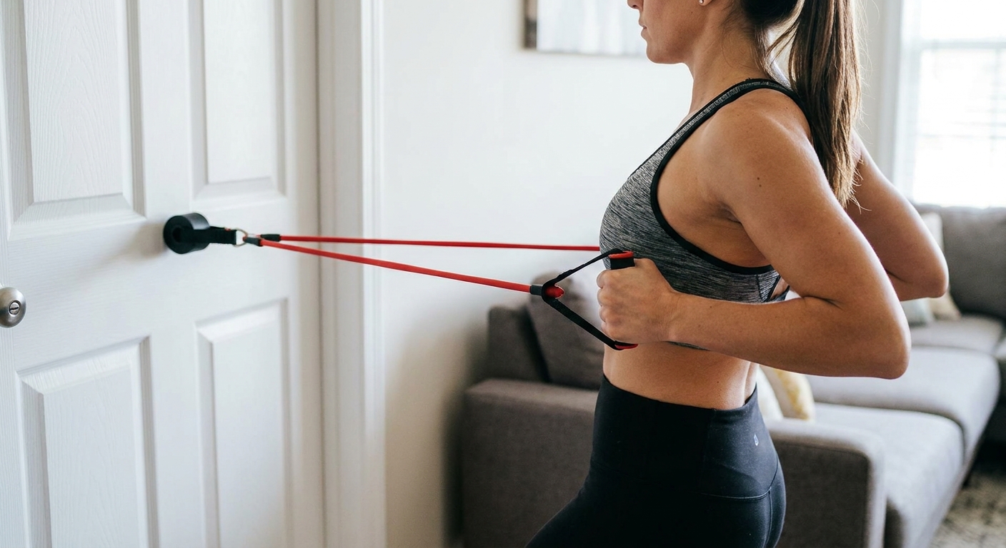A person performing a resistance band row using a door anchor at chest height, showing hand grip and band alignment