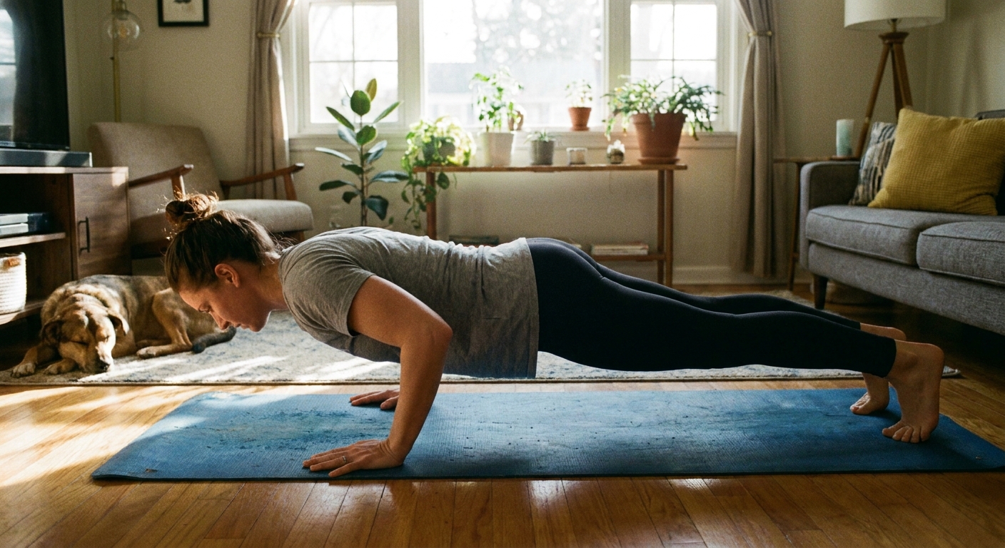 A person performing a slow tempo pushup on a yoga mat at home, elbows tucked and body in a straight line