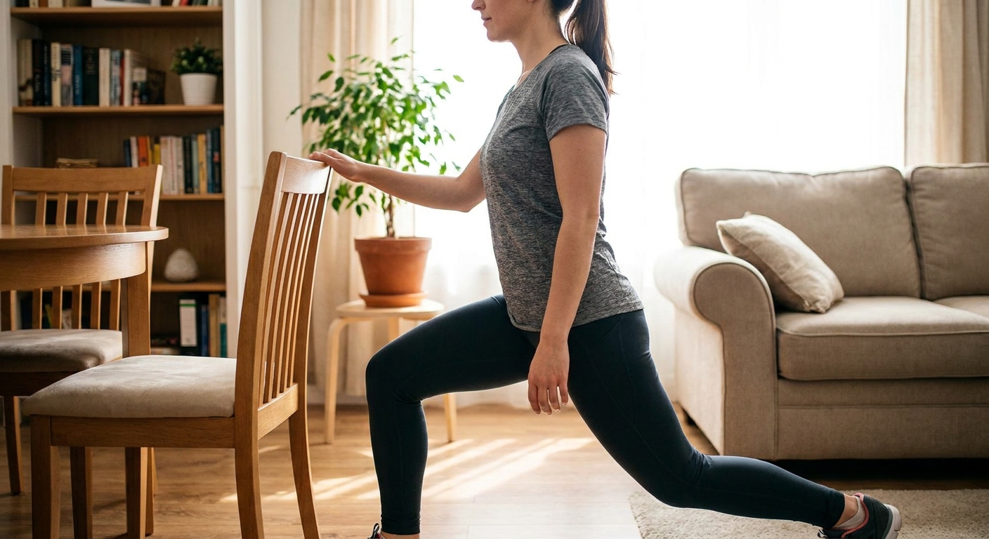 A person performing a supported reverse lunge while lightly holding the back of a sturdy chair in a home living room