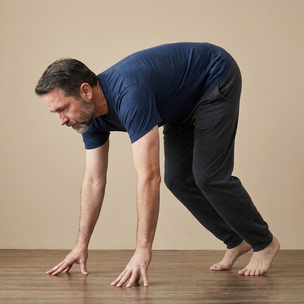 A person performing an inchworm, walking hands forward on the floor with hips high and knees slightly bent