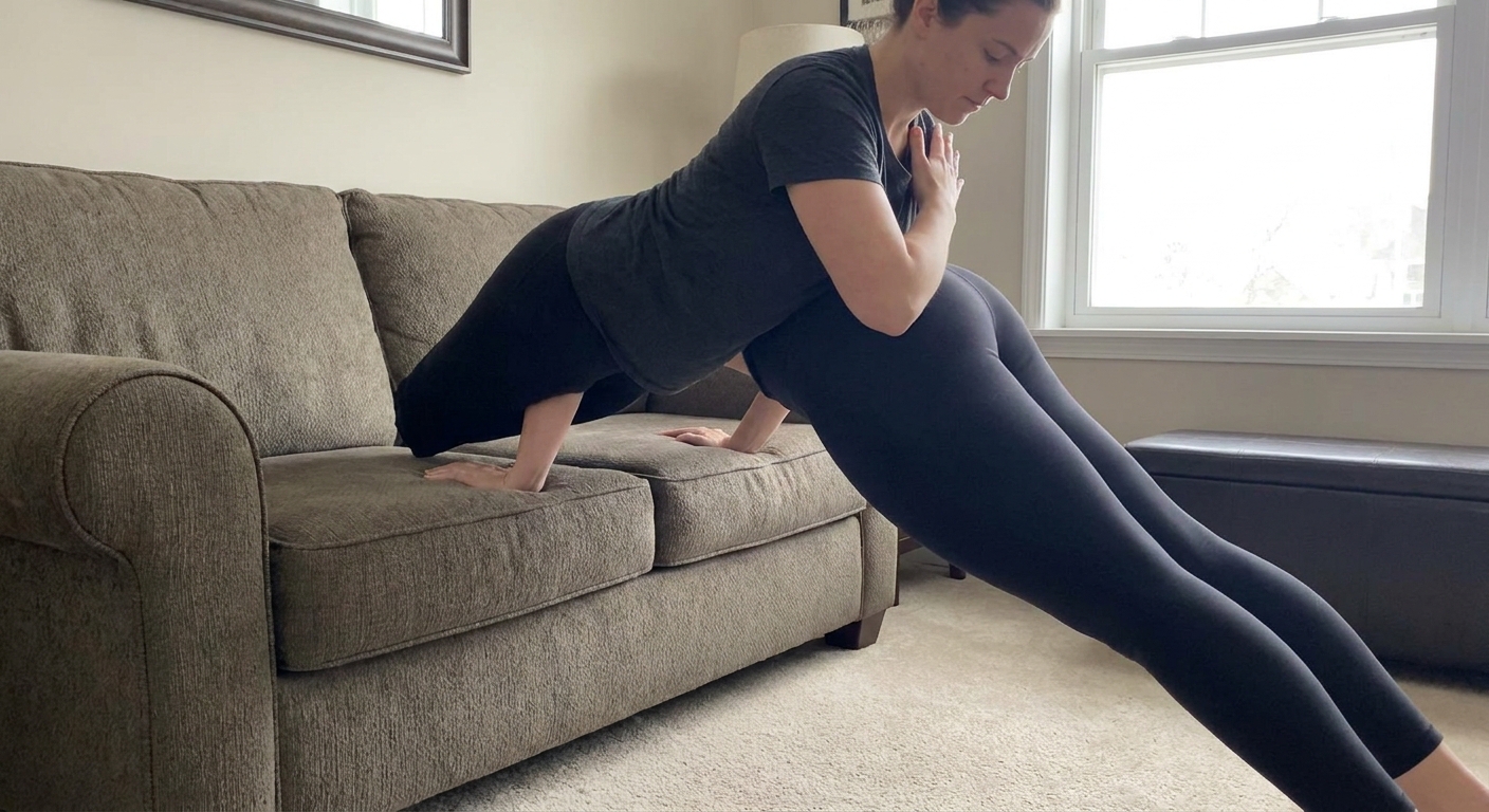 A person performing an incline high plank with hands on a sturdy couch seat, tapping one hand to the opposite shoulder while keeping hips steady and shoulders stacked