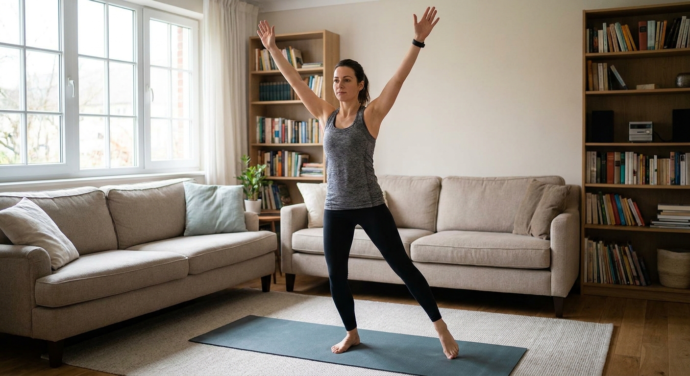 A person performing step jacks in a living room, stepping one foot out while raising arms overhead, low-impact movement