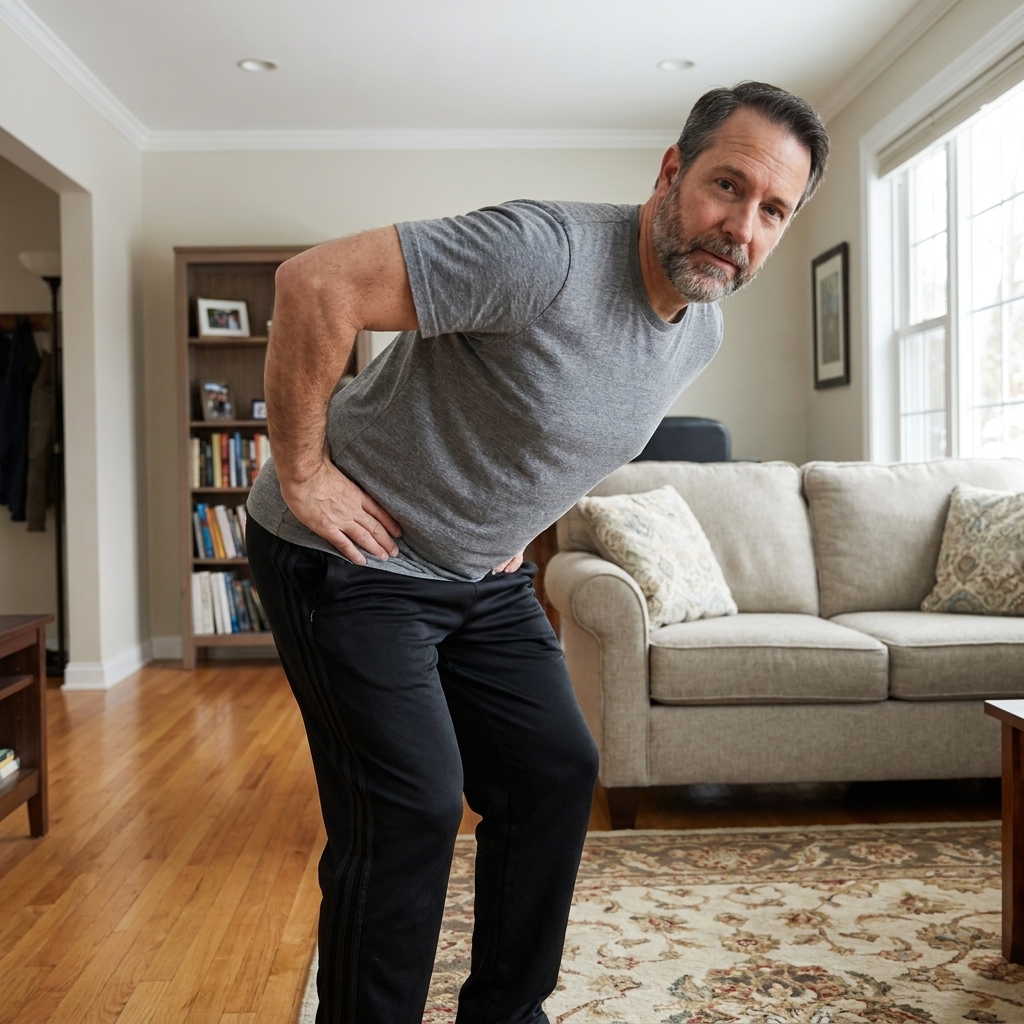 A person practicing a hip hinge warm-up in a living room, hands on hips, back neutral, knees slightly bent