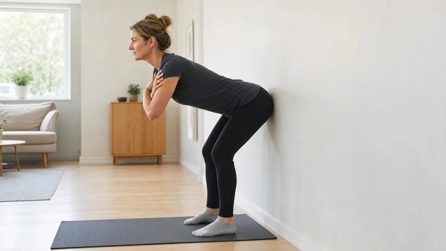 A person standing close to a wall with their back toward it, pushing hips back to touch the wall as a squat mechanics drill