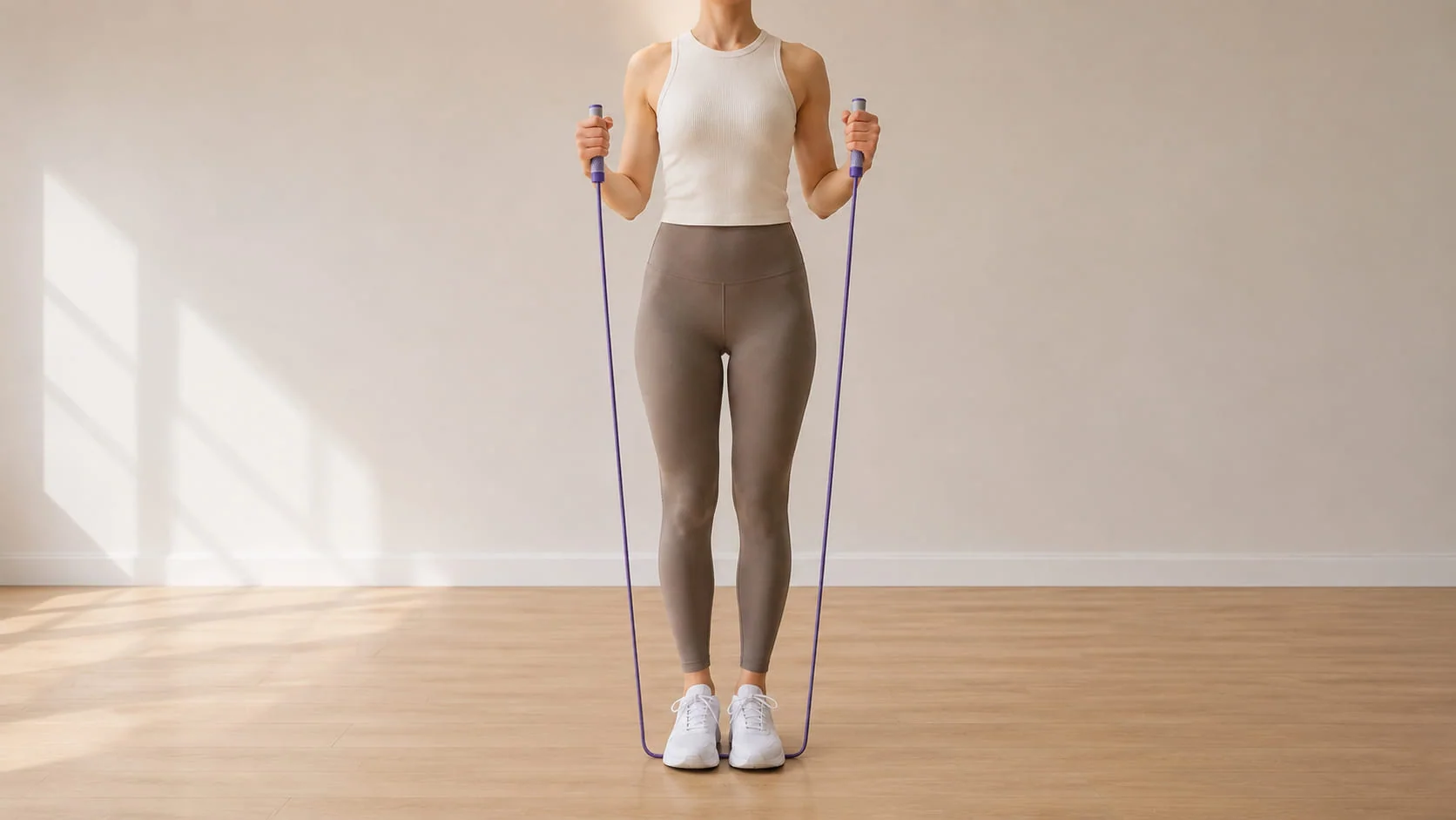 A person standing on the middle of a jump rope in a garage, holding the handles up near armpit height to check rope length