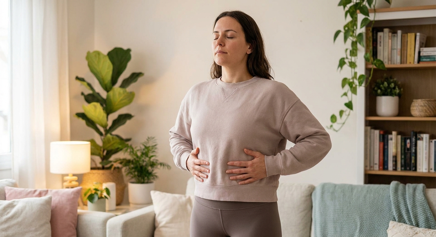 A person standing with both hands on the sides of their lower ribs while practicing diaphragmatic breathing in a home setting
