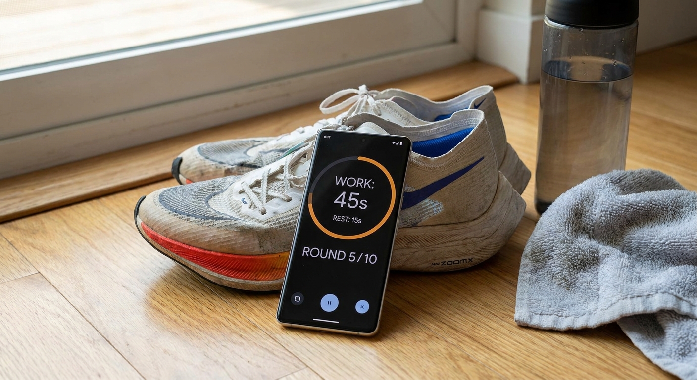 A phone displaying an interval training timer next to training shoes