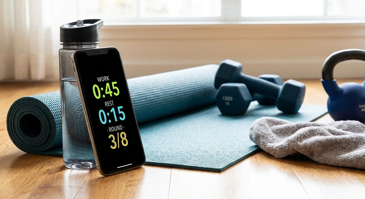 A phone set to an interval timer placed next to a workout mat so it is easy to see during the session