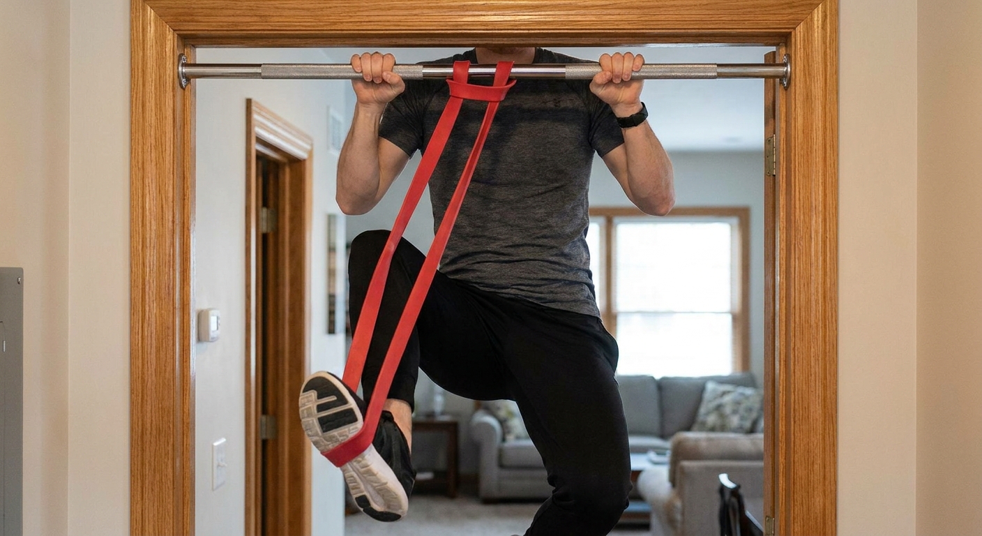 A resistance band looped over a doorway pull-up bar with a person using one foot in the band while performing an assisted pull-up