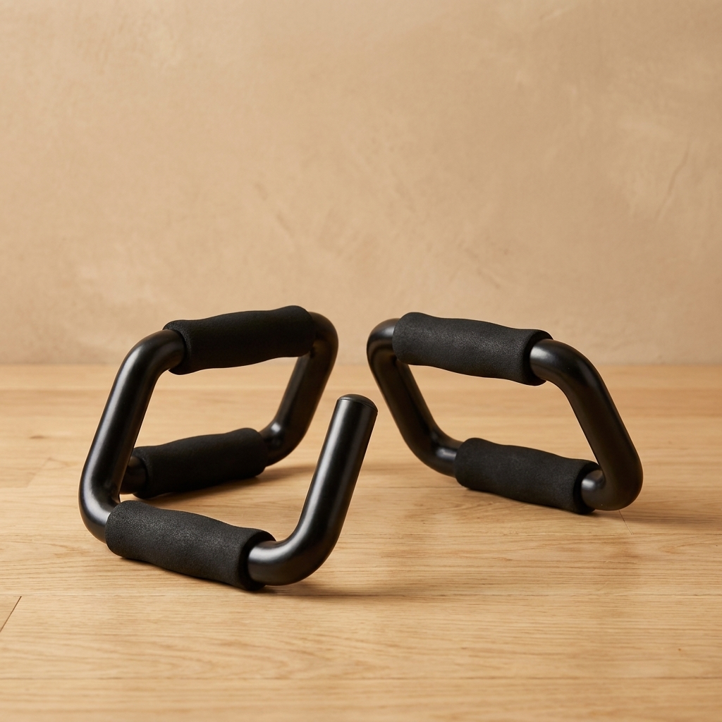 A set of stable push-up handles on the floor set up for deeper, wrist-friendly push-ups