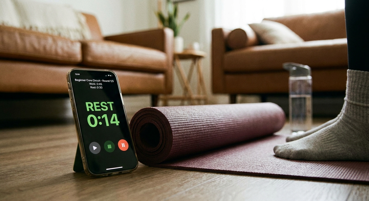 A simple interval timer on a phone next to a yoga mat, showing how a beginner can track rest times during a home core circuit