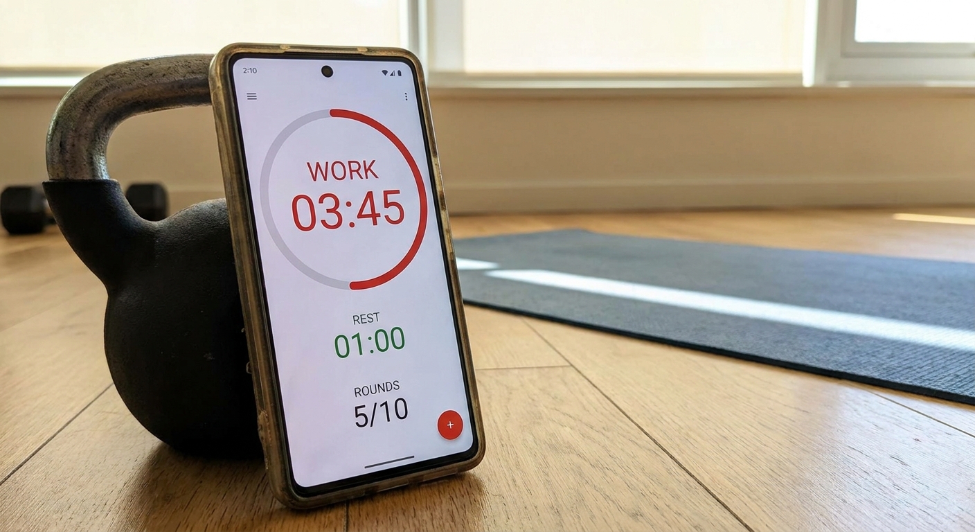 A smartphone displaying an interval timer app set for work and rest intervals