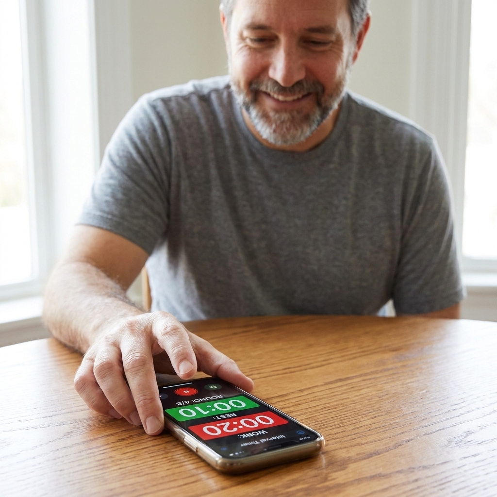 A smartphone displaying an interval timer app with clearly labeled work and rest periods, placed on a stable table within reach